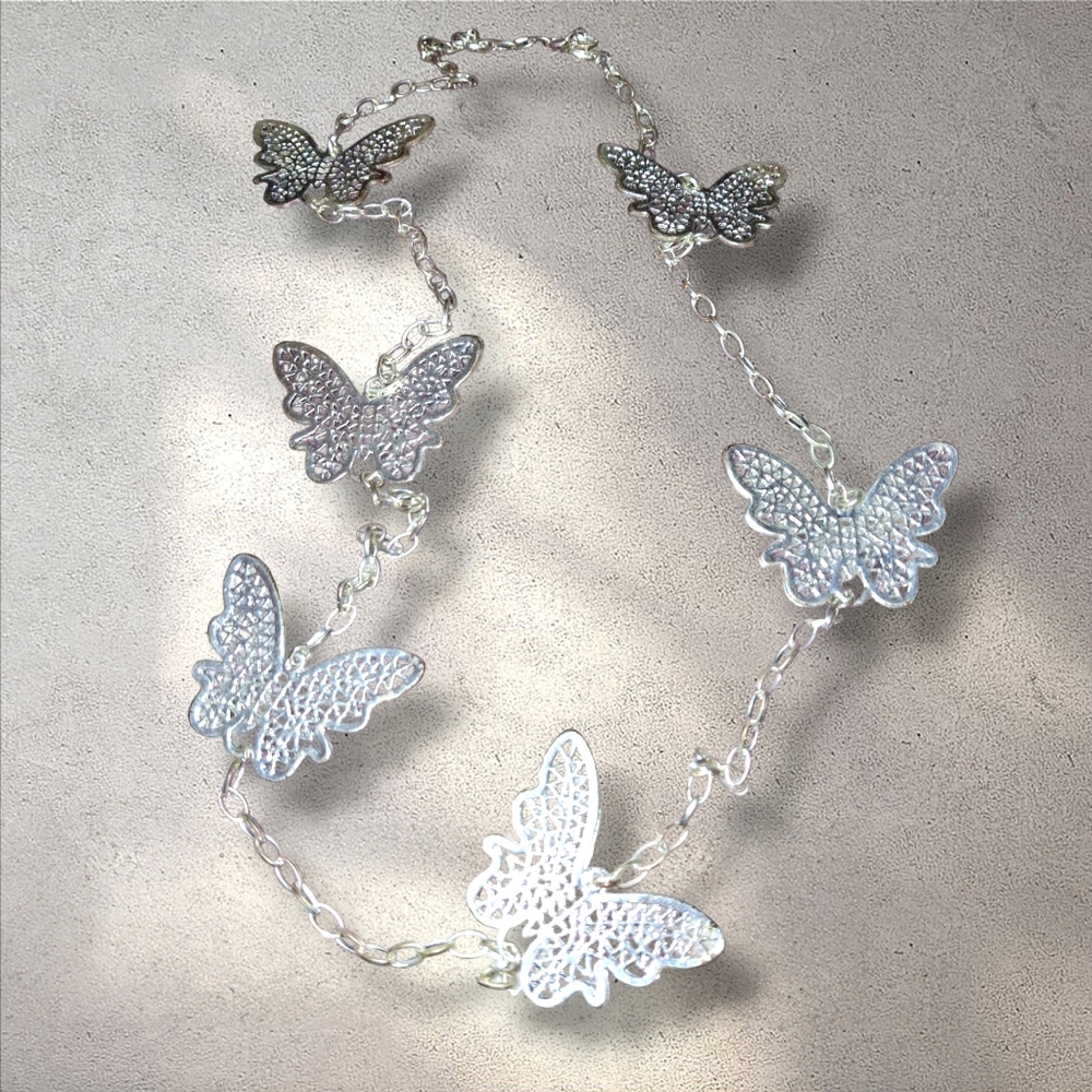 Filigree Butterfly Silvertone Station Necklace Rope Style Without Clasp